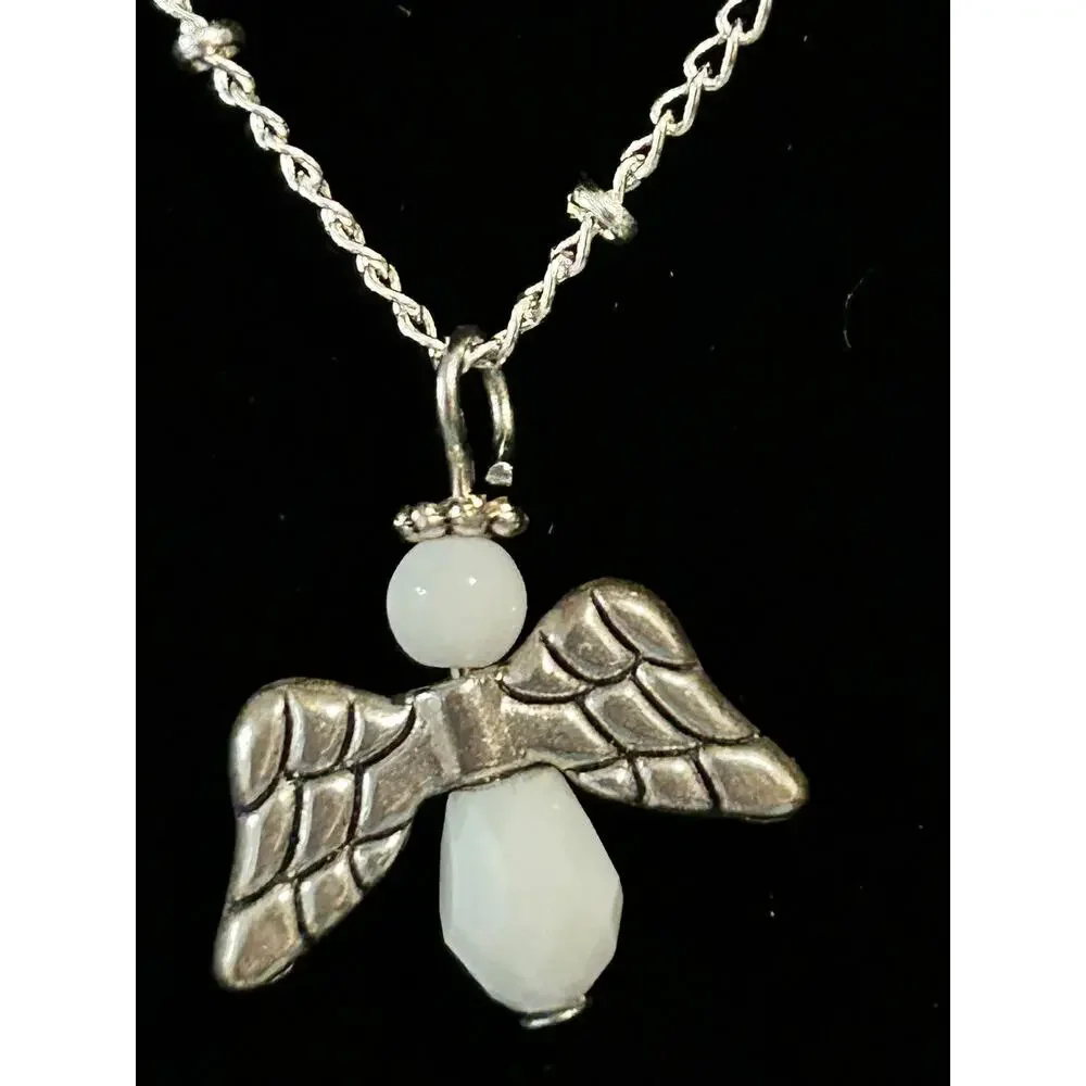 Silver Tone Beaded Angel Pendant Necklace 18